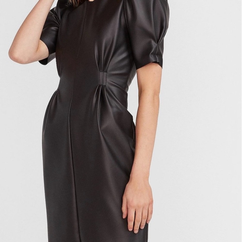 Express Black Faux Leather Midi Dress with Puff Sleeves